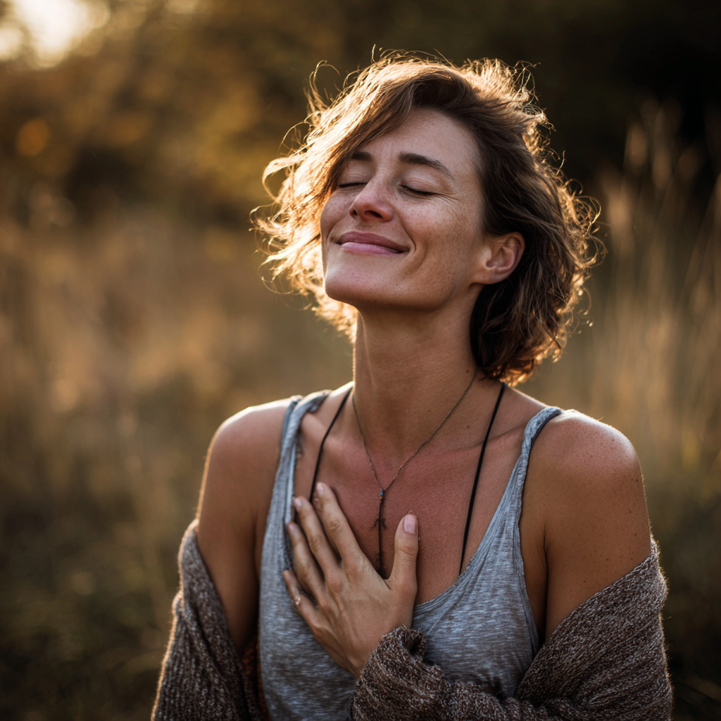 Молода жінка європейської зовнішності віком 25-30 років з усмішкою виконує позу лотоса на йога килимку у світлій студії, одягнена у білу спортивну форму