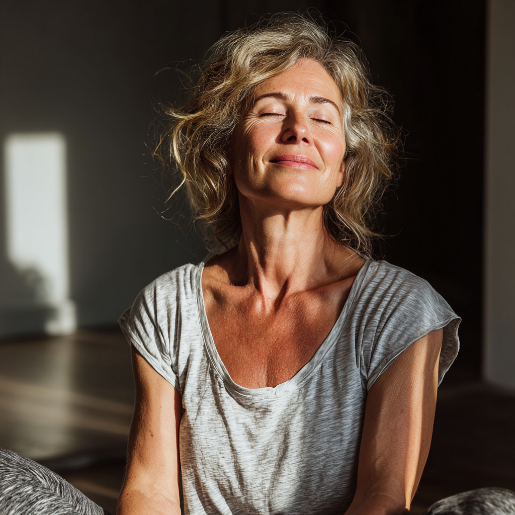 Група людей європейської зовнішності віком 30-45 років з усмішками виконують асани у світлій йога студії, одягнені у спортивний одяг пастельних тонів