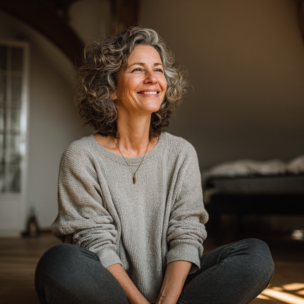 Чоловік та жінка європейської зовнішності віком 35-40 років з усмішками медитують у позі лотоса в тихій кімнаті з природним освітленням